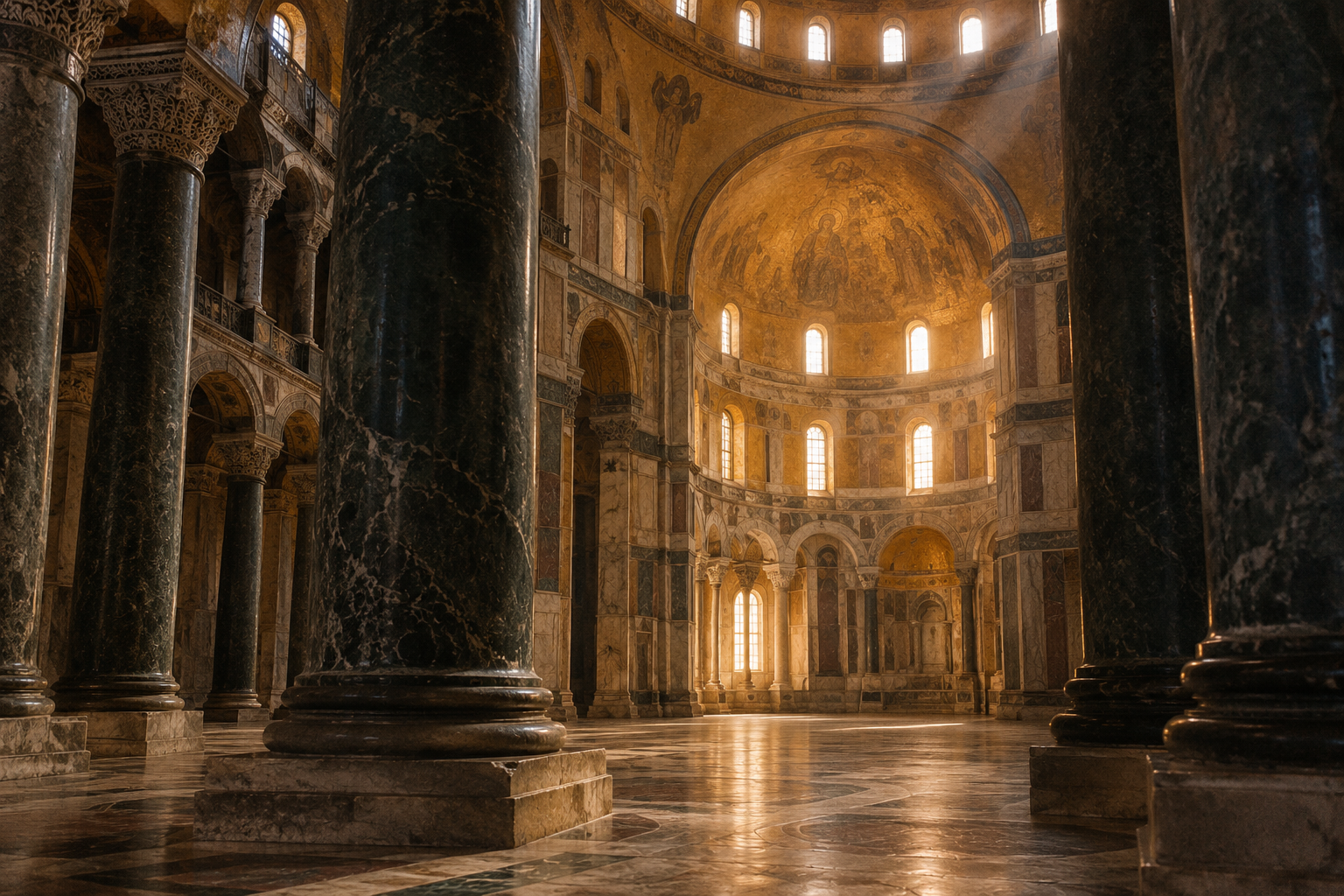 Marble columns and gold mosaics in a Byzantine-inspired basilica, caught in warm light.