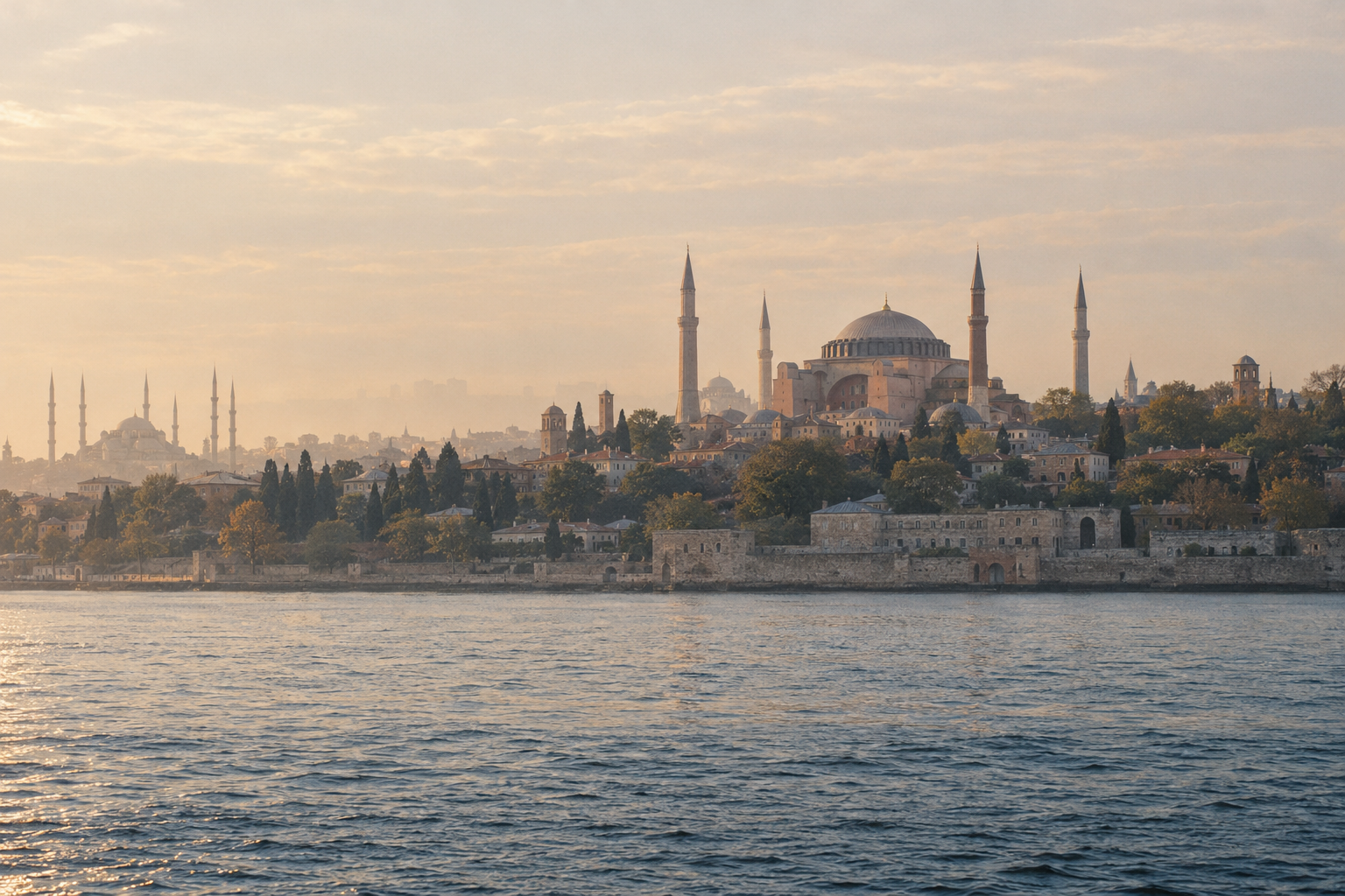 Domes and minarets above the Golden Horn in soft morning light.